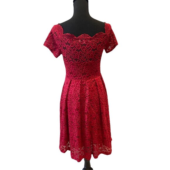 Red Lace Cocktail Dress - Retro A-Line Party Dress - Scalloped Neck Short Sleeve - Picture 4 of 8